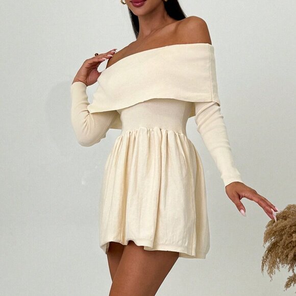 Apricot Elegant Women's Off Shoulder Long Sleeve A-Line Short Knitted Dress - Picture 3 of 5